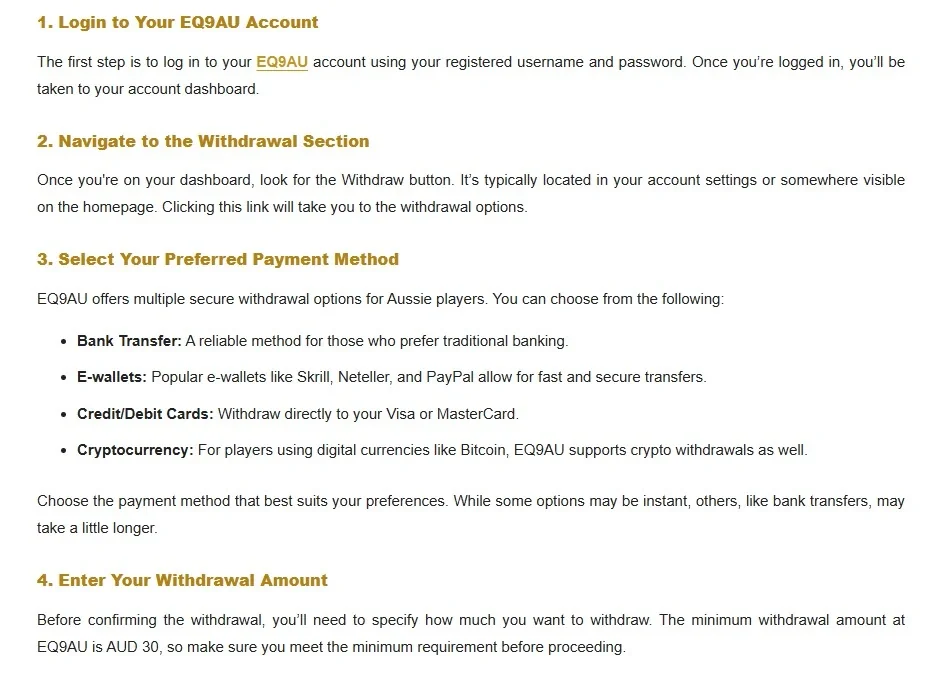 Current EQ9AU withdrawal guide showing the published minimum and cash-out information