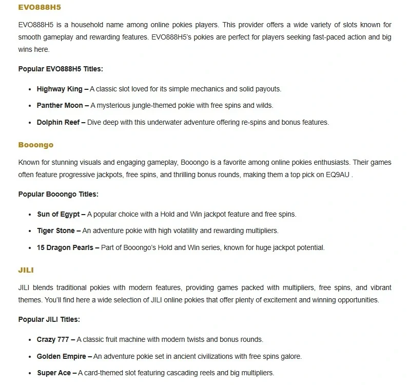 Current EQ9AU pokies page showing visible game categories and providers