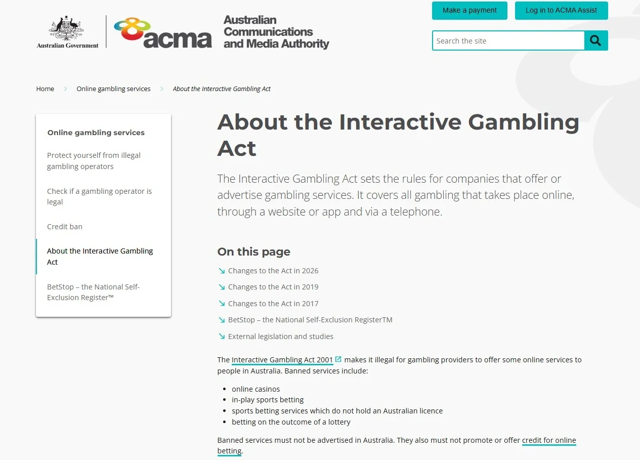 Current ACMA Interactive Gambling Act guidance showing online casinos as banned services for providers in Australia