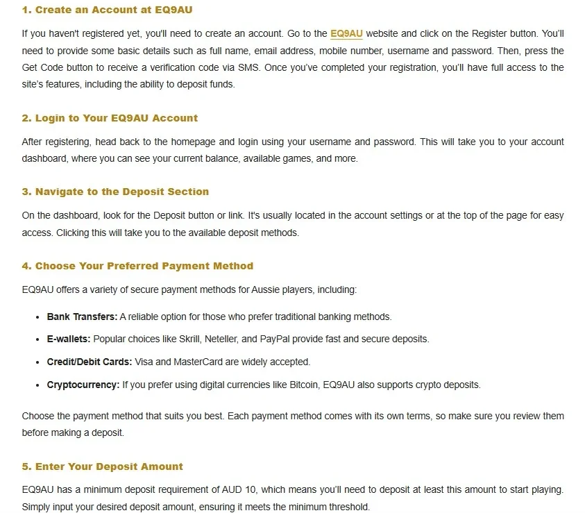 EQ9 Payment Methods & Deposits in Australia