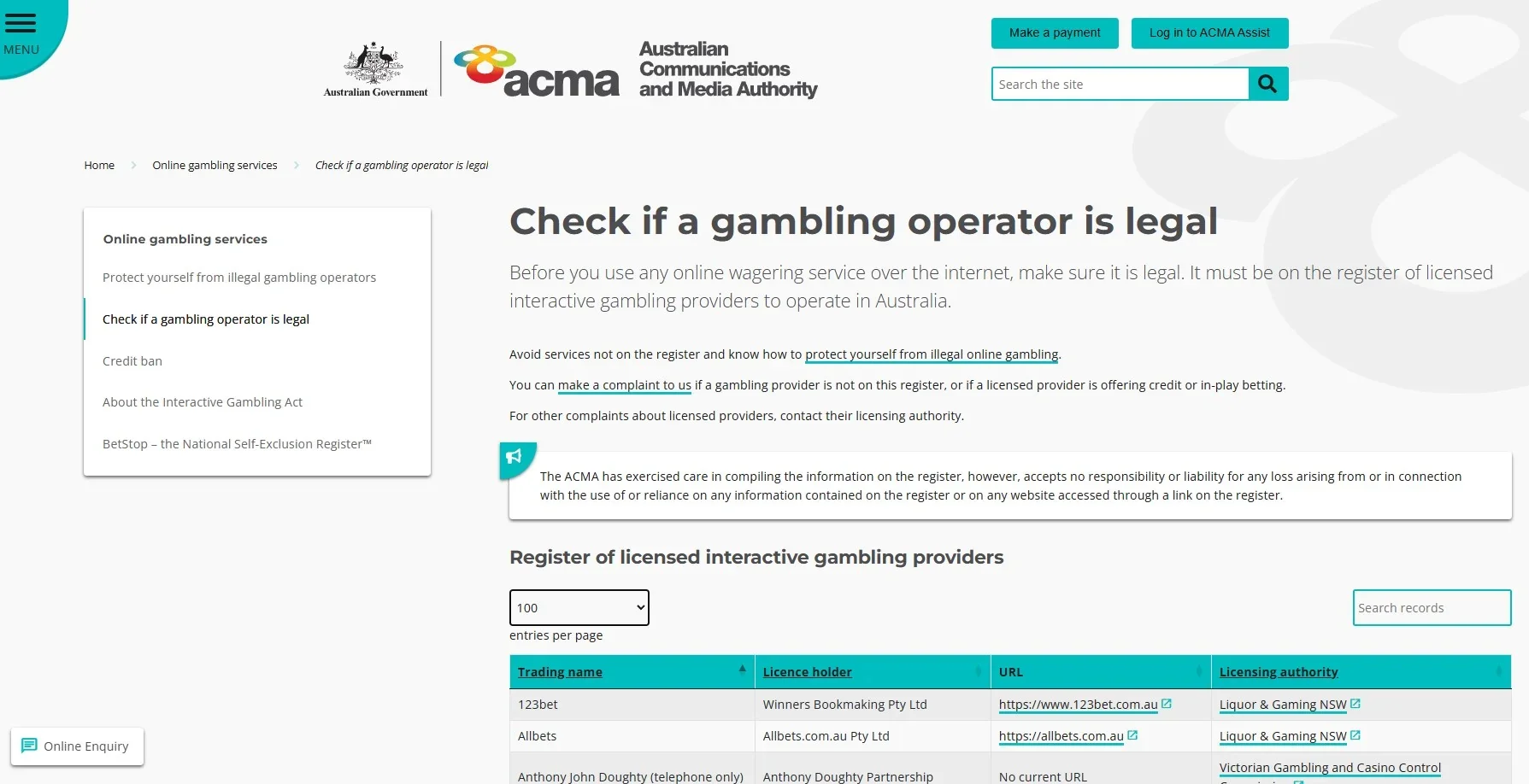 ACMA licensed interactive gambling provider register and legal guidance page